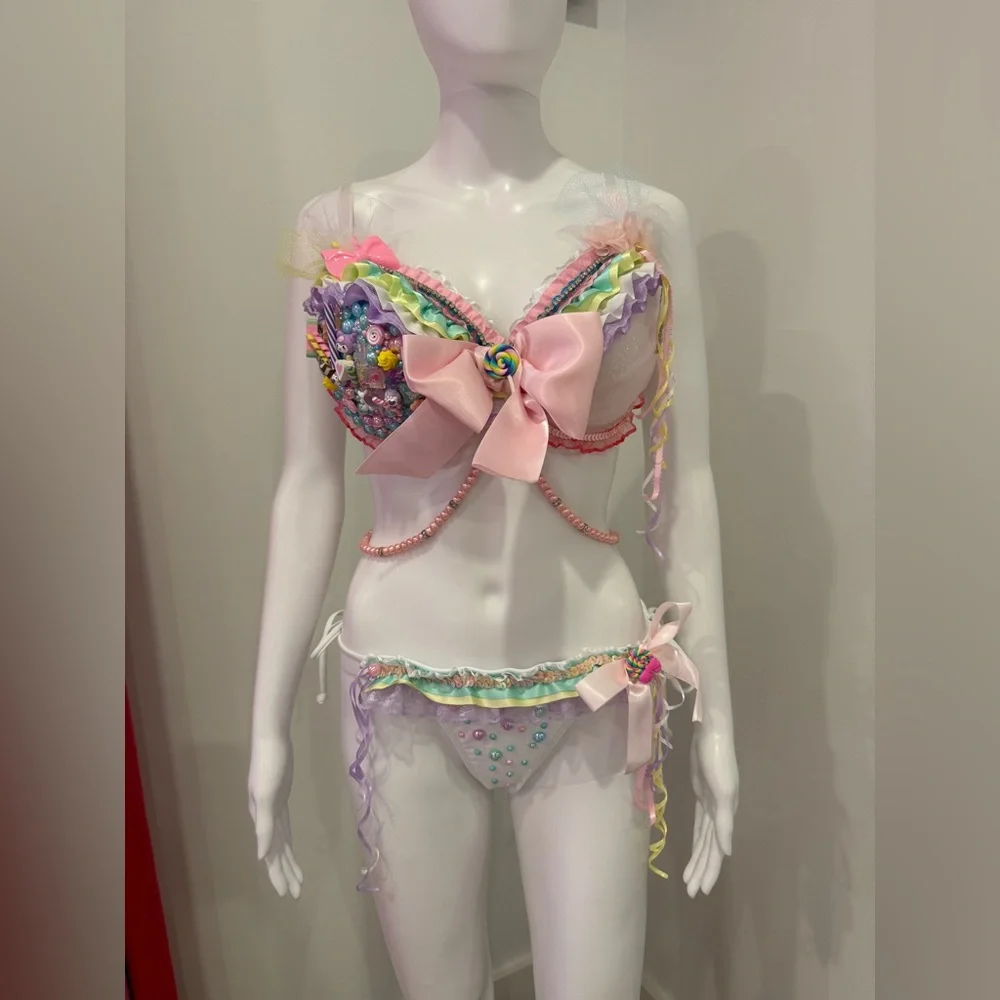 Candy Rave Festival Costume Bra Set D-DD, XS thong - Picture 12 of 12